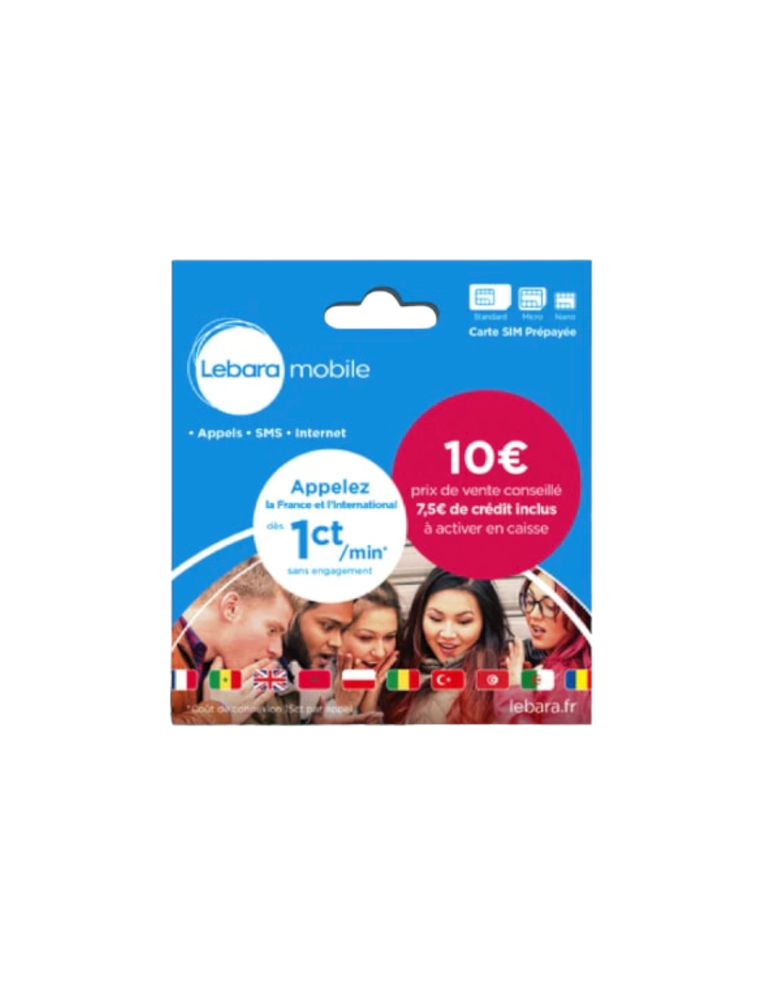 Carte SIM prépayée LEBARA Mobile sans engagement + 7€50 de crédit.